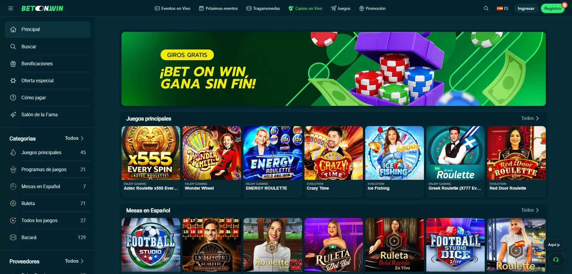 Tragamonedas y juegos en BetonWin Casino para jugadores de M&eacute;xico