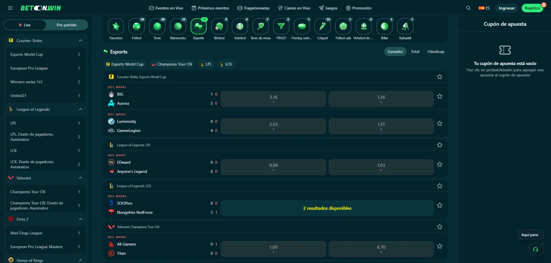 Apuestas deportivas y eSports en BetonWin Casino M&eacute;xico