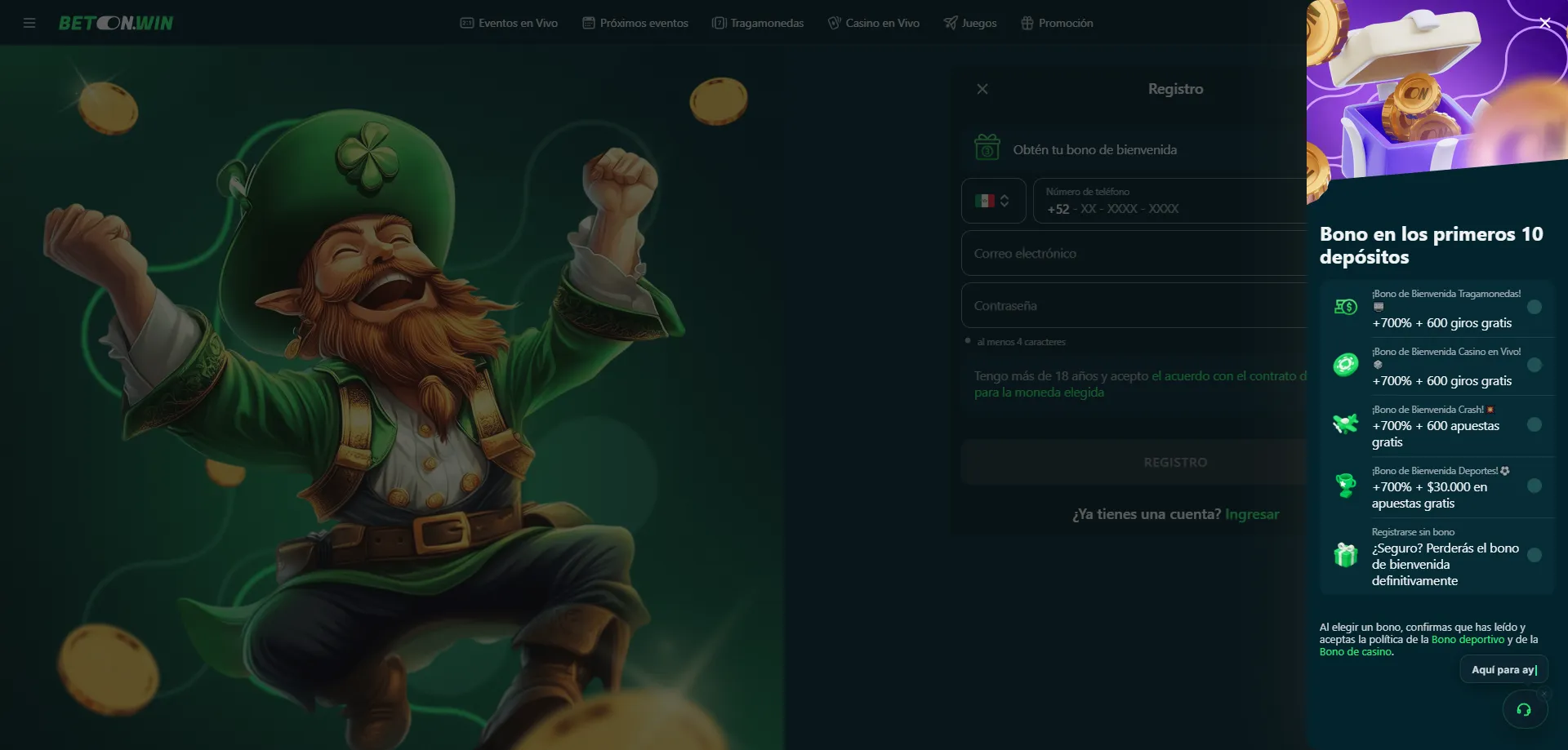 Cómo registrarse y canjear código promocional en BetonWin Casino